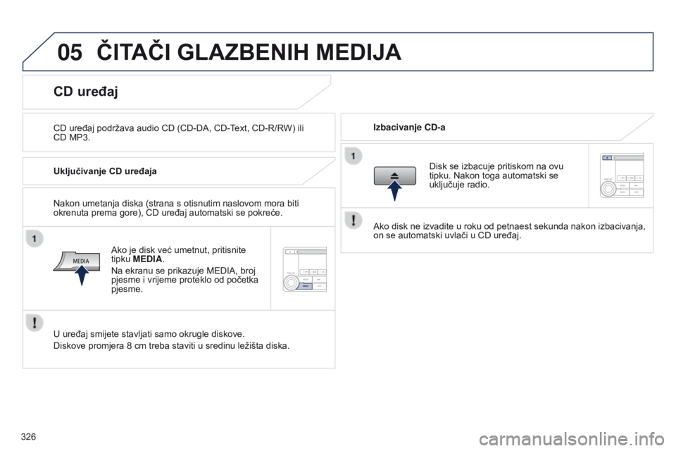 PEUGEOT 4008 2015  Upute Za Rukovanje (in Croatian) 05
326
4008_hr_Chap10d_Mitsu4_ed01-2016
ČITAČI GLAZBENIH MEDIJA
CD uređaj podržava audio CD (CD-DA, CD-Text, CD-R/RW) ili  
CD MP3.Izbacivanje CD-a
CD uređaj
Uključivanje CD uređaja
Ako je disk