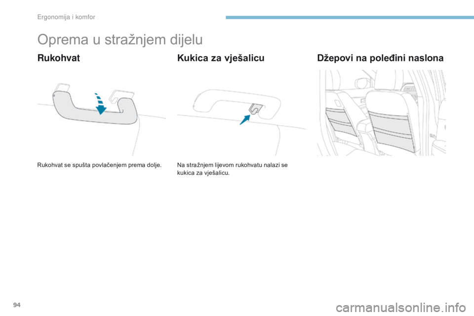 PEUGEOT 4008 2015  Upute Za Rukovanje (in Croatian) 94
4008_hr_Chap03_Ergonomie-et-confort_ed01-2016
Oprema u stražnjem dijelu
Rukohvat se spušta povlačenjem prema dolje.
Rukohvat
Na stražnjem lijevom rukohvatu nalazi se 
kukica za vješalicu.
Kuki