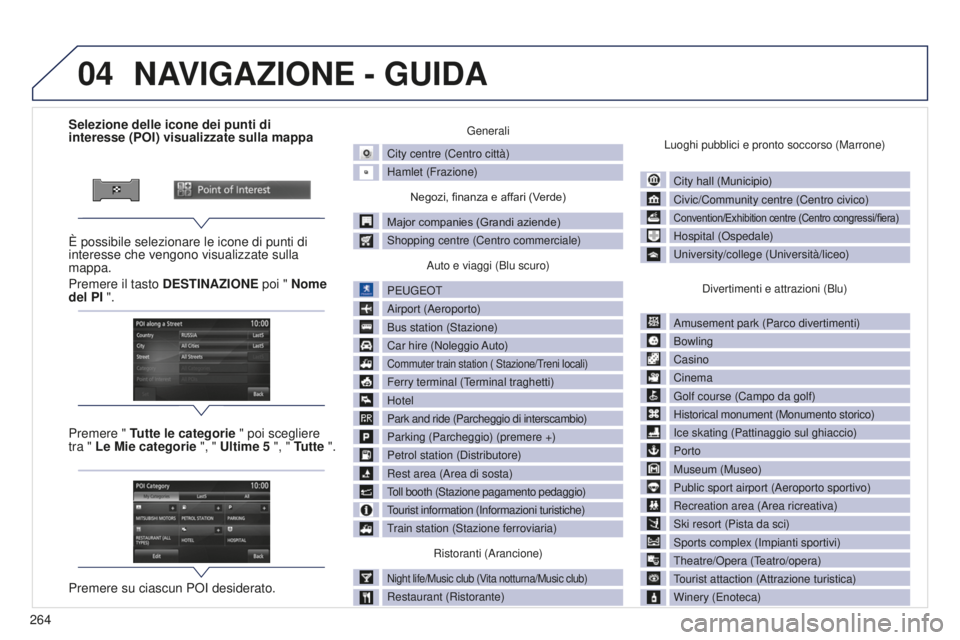 PEUGEOT 4008 2015 Manuale duso (in Italian) 04
264
4008_IT_CHAP10B_MITSU6_ED01-2016
Selezione delle icone dei punti di
interesse (POI) visualizzate sulla mappa
È possibile selezionare le icone di punti di
interesse che vengono visualizzate s PEUGEOT 4008 2015 Manuale duso (in Italian) 04
264
4008_IT_CHAP10B_MITSU6_ED01-2016
Selezione delle icone dei punti di
interesse (POI) visualizzate sulla mappa
È possibile selezionare le icone di punti di
interesse che vengono visualizzate s