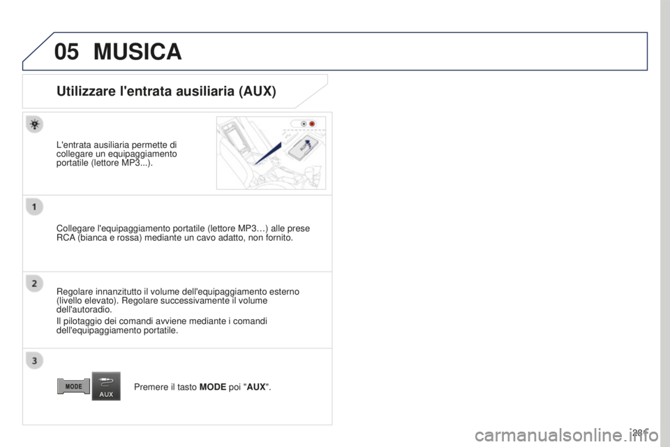 PEUGEOT 4008 2015  Manuale duso (in Italian) 05
281
4008_IT_CHAP10B_MITSU6_ED01-2016
MUSICA
Utilizzare l'entrata ausiliaria (AUX)
L'entrata ausiliaria permette di 
collegare un equipaggiamento 
portatile (lettore MP3...).
Collegare l'