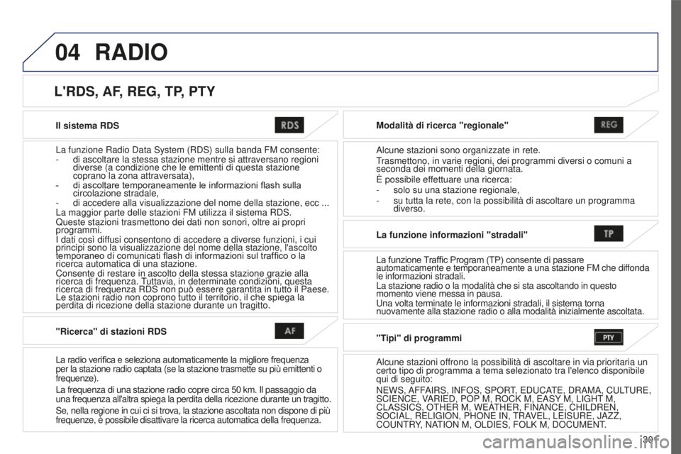PEUGEOT 4008 2015 Manuale duso (in Italian) 04
301
4008_it_Chap10c_Mitsu5_ed01-2016
Il sistema RDS
La funzione Radio Data System (RDS) sulla banda FM consente:
-
di ascoltare la stessa stazione mentre si attraversano regioni
diverse (a condiz PEUGEOT 4008 2015 Manuale duso (in Italian) 04
301
4008_it_Chap10c_Mitsu5_ed01-2016
Il sistema RDS
La funzione Radio Data System (RDS) sulla banda FM consente:
-
di ascoltare la stessa stazione mentre si attraversano regioni
diverse (a condiz