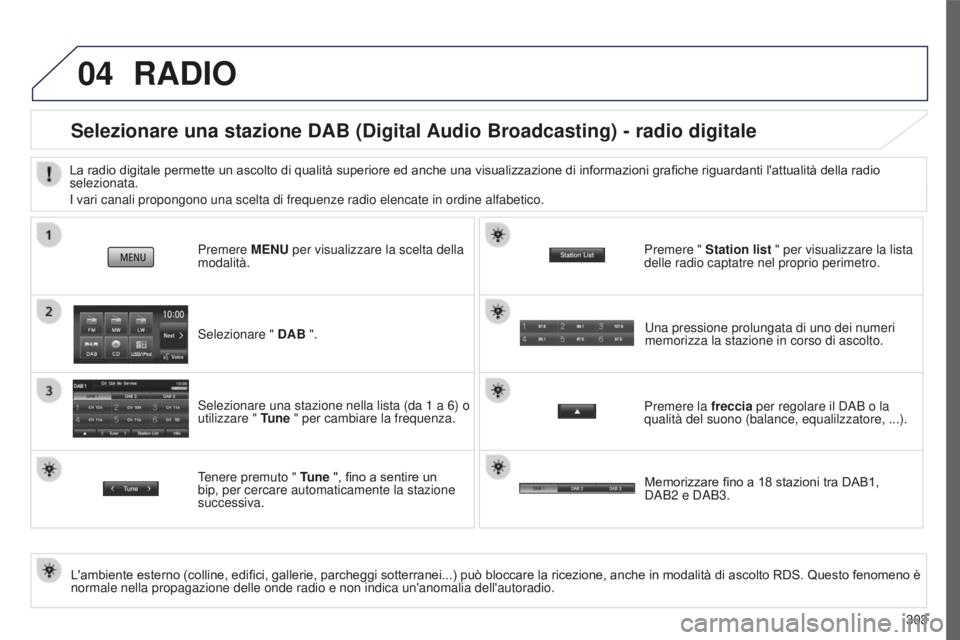 PEUGEOT 4008 2015 Manuale duso (in Italian) 04
303
4008_it_Chap10c_Mitsu5_ed01-2016
RADIO
Selezionare una stazione DAB (Digital Audio Broadcasting) - radio digitale
L'ambiente esterno (colline, edifici, gallerie, parcheggi sotterranei...) p PEUGEOT 4008 2015 Manuale duso (in Italian) 04
303
4008_it_Chap10c_Mitsu5_ed01-2016
RADIO
Selezionare una stazione DAB (Digital Audio Broadcasting) - radio digitale
L'ambiente esterno (colline, edifici, gallerie, parcheggi sotterranei...) p