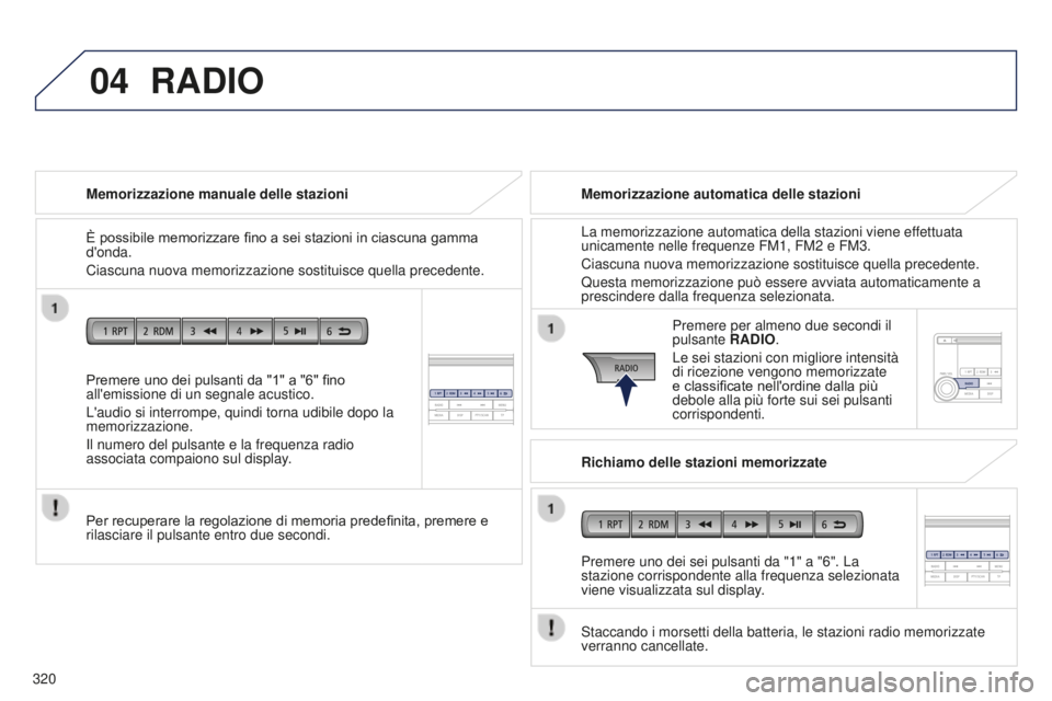 PEUGEOT 4008 2015 Manuale duso (in Italian) 04
320
4008_it_Chap10d_Mitsu4_ed01-2016
Premere uno dei pulsanti da "1" a "6" fino
all'emissione di un segnale acustico.
L'audio si interrompe, quindi torna udibile dopo la
m PEUGEOT 4008 2015 Manuale duso (in Italian) 04
320
4008_it_Chap10d_Mitsu4_ed01-2016
Premere uno dei pulsanti da "1" a "6" fino
all'emissione di un segnale acustico.
L'audio si interrompe, quindi torna udibile dopo la
m