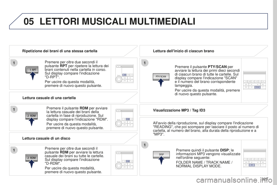 PEUGEOT 4008 2015 Manuale duso (in Italian) 05
329
4008_it_Chap10d_Mitsu4_ed01-2016
LETTORI MUSICALI MULTIMEDIALI
Ripetizione dei brani di una stessa cartellaPremere per oltre due secondi il
pulsante RPT per ripetere la lettura dei
brani cont PEUGEOT 4008 2015 Manuale duso (in Italian) 05
329
4008_it_Chap10d_Mitsu4_ed01-2016
LETTORI MUSICALI MULTIMEDIALI
Ripetizione dei brani di una stessa cartellaPremere per oltre due secondi il
pulsante RPT per ripetere la lettura dei
brani cont