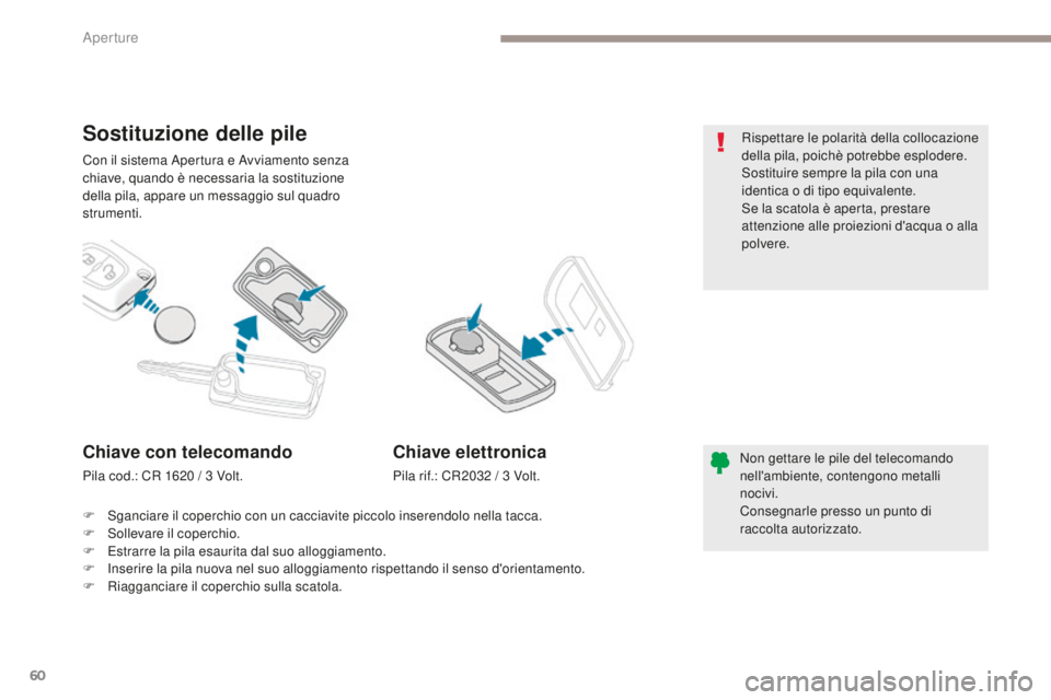 PEUGEOT 4008 2015  Manuale duso (in Italian) 60
4008_it_Chap02_ouvertures_ed01-2016
Con il sistema Apertura e Avviamento senza 
chiave, quando è necessaria la sostituzione 
della pila, appare un messaggio sul quadro 
strumenti.
Sostituzione del