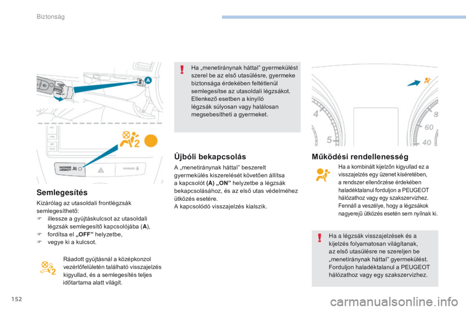 PEUGEOT 4008 2015  Kezelési útmutató (in Hungarian) 152
4008_hu_Chap06_securite_ed01-2016
Semlegesítés
Kizárólag az utasoldali frontlégzsák 
semlegesíthető:
F 
i
 llessze a gyújtáskulcsot az utasoldali 
légzsák semlegesítő kapcsolójába 