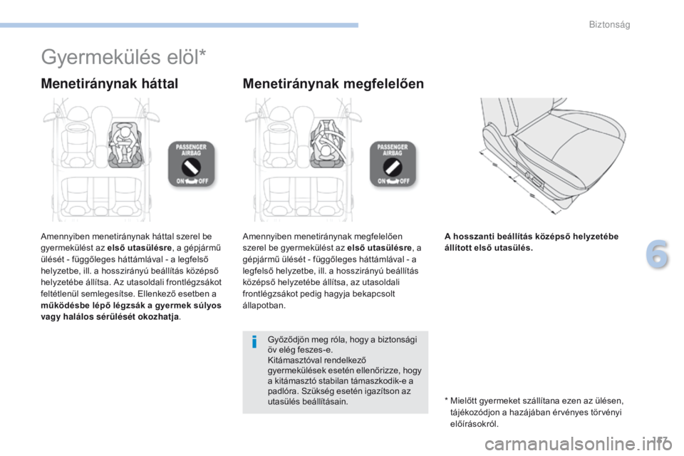 PEUGEOT 4008 2015  Kezelési útmutató (in Hungarian) 157
4008_hu_Chap06_securite_ed01-2016
Gyermekülés elöl*
Menetiránynak háttalMenetiránynak megfelelően
Amennyiben menetiránynak háttal szerel be 
gyermekülést az első utasülésre , a gépj