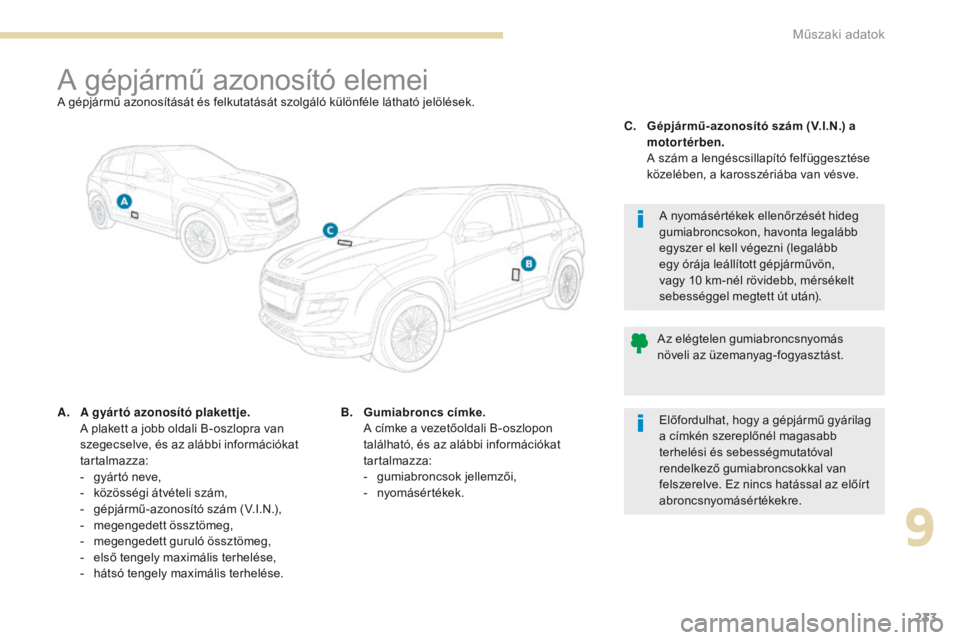 PEUGEOT 4008 2015 Kezelési útmutató (in Hungarian) 233
4008_hu_Chap09_caracteristiques-techniques_ed01-2016
A gépjármű azonosító elemeiA gépjármű azonosítását és felkutatását szolgáló különféle látható jelölések.
A.
A g
yár t PEUGEOT 4008 2015 Kezelési útmutató (in Hungarian) 233
4008_hu_Chap09_caracteristiques-techniques_ed01-2016
A gépjármű azonosító elemeiA gépjármű azonosítását és felkutatását szolgáló különféle látható jelölések.
A.
A g
yár t
