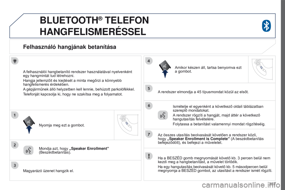 PEUGEOT 4008 2015 Kezelési útmutató (in Hungarian) 237
4008_hu_Chap10a_Mitsu3_ed01-2016
BLUETOOTH® TELEFON
HANGFELISMERÉSSEL
Felhasználó hangjának betanítása
A felhasználói hangbetanító rendszer használatával nyelvenként
egy hangmint PEUGEOT 4008 2015 Kezelési útmutató (in Hungarian) 237
4008_hu_Chap10a_Mitsu3_ed01-2016
BLUETOOTH® TELEFON
HANGFELISMERÉSSEL
Felhasználó hangjának betanítása
A felhasználói hangbetanító rendszer használatával nyelvenként
egy hangmint