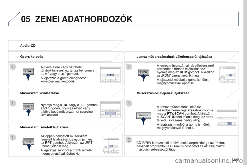 PEUGEOT 4008 2015 Kezelési útmutató (in Hungarian) 05
327
4008_hu_Chap10d_Mitsu4_ed01-2016
ZENEI ADATHORDOZÓK
Lemez műsorszámainak véletlenszerű lejászásaA lemez műsorszámainak véletlenszerű
sorrendben történő lejátszásához
nyomja m PEUGEOT 4008 2015 Kezelési útmutató (in Hungarian) 05
327
4008_hu_Chap10d_Mitsu4_ed01-2016
ZENEI ADATHORDOZÓK
Lemez műsorszámainak véletlenszerű lejászásaA lemez műsorszámainak véletlenszerű
sorrendben történő lejátszásához
nyomja m