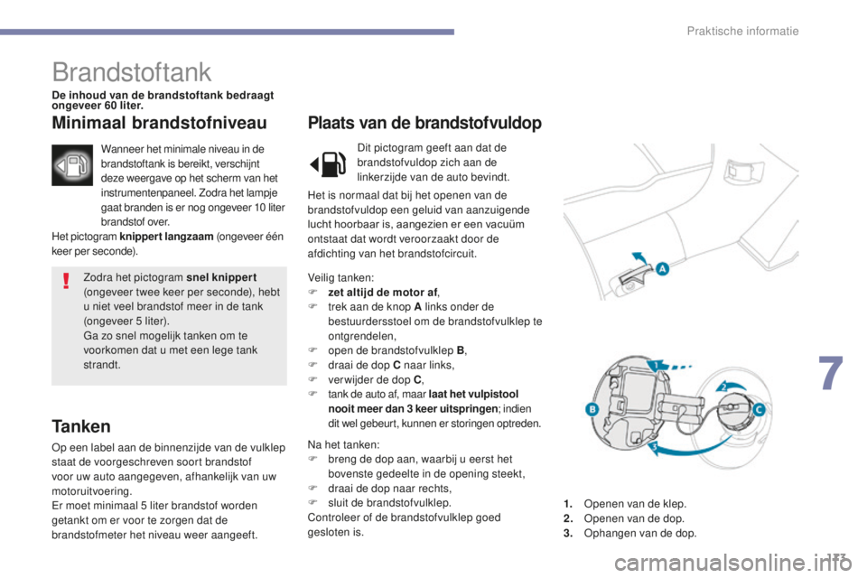 PEUGEOT 4008 2015 Instructieboekje (in Dutch) 173
4008_nl_Chap07_info-pratiques_ed01-2016
Zodra het pictogram snel knippert
(ongeveer twee keer per seconde), hebt
u niet veel brandstof meer in de tank
(ongeveer 5
liter).
Ga zo snel mogelijk PEUGEOT 4008 2015 Instructieboekje (in Dutch) 173
4008_nl_Chap07_info-pratiques_ed01-2016
Zodra het pictogram snel knippert
(ongeveer twee keer per seconde), hebt
u niet veel brandstof meer in de tank
(ongeveer 5
liter).
Ga zo snel mogelijk