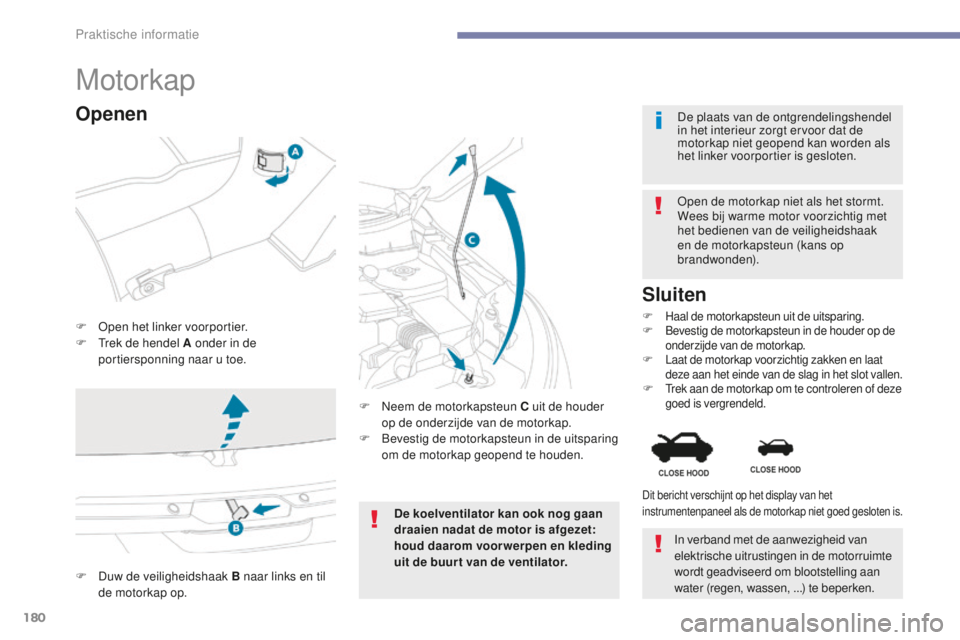 PEUGEOT 4008 2015 Instructieboekje (in Dutch) 180
4008_nl_Chap07_info-pratiques_ed01-2016
Motorkap
F Open het linker voorportier.
F T rek de hendel A onder in de
portiersponning naar u toe. Open de motorkap niet als het stormt.
Wees bij warme mo PEUGEOT 4008 2015 Instructieboekje (in Dutch) 180
4008_nl_Chap07_info-pratiques_ed01-2016
Motorkap
F Open het linker voorportier.
F T rek de hendel A onder in de
portiersponning naar u toe. Open de motorkap niet als het stormt.
Wees bij warme mo