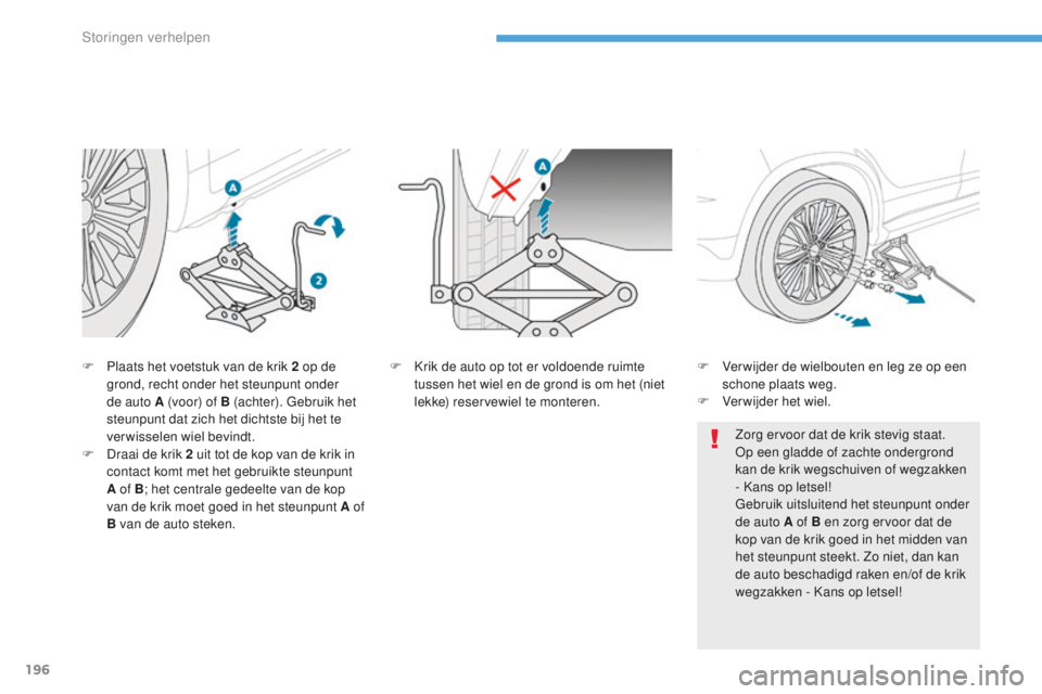 PEUGEOT 4008 2015 Instructieboekje (in Dutch) 196
4008_nl_Chap08_En-cas-de panne_ed01-2016
F Plaats het voetstuk van de krik 2 op de
grond, recht onder het steunpunt onder
de auto A (voor) of B (achter). Gebruik het
steunpunt dat zich het dic PEUGEOT 4008 2015 Instructieboekje (in Dutch) 196
4008_nl_Chap08_En-cas-de panne_ed01-2016
F Plaats het voetstuk van de krik 2 op de
grond, recht onder het steunpunt onder
de auto A (voor) of B (achter). Gebruik het
steunpunt dat zich het dic