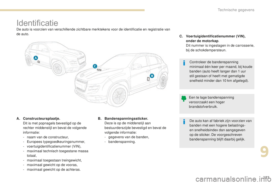 PEUGEOT 4008 2015 Instructieboekje (in Dutch) 233
4008_nl_Chap09_caracteristiques-techniques_ed01-2016
IdentificatieDe auto is voorzien van verschillende zichtbare merktekens voor de identificatie en registratie van
de auto.
A.
C
onstructeurspl PEUGEOT 4008 2015 Instructieboekje (in Dutch) 233
4008_nl_Chap09_caracteristiques-techniques_ed01-2016
IdentificatieDe auto is voorzien van verschillende zichtbare merktekens voor de identificatie en registratie van
de auto.
A.
C
onstructeurspl