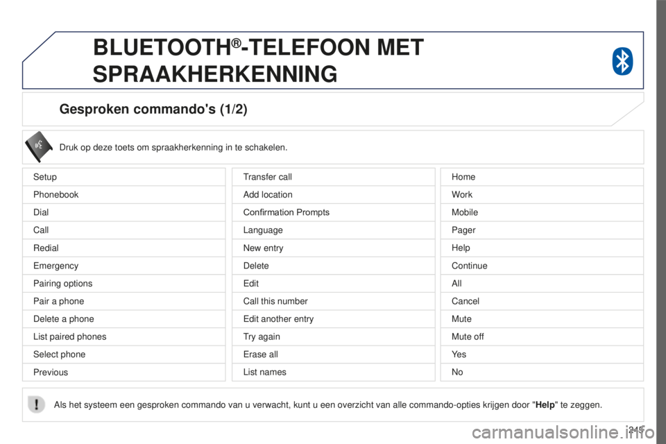PEUGEOT 4008 2015  Instructieboekje (in Dutch) 245
4008_nl_Chap10a_Mitsu3_ed01-2016
Gesproken commando's (1/2)
Setup
Phonebook
Dial
Call
Redial
Emergency
Pairing options
Pair a phone
Delete a phone
List paired phones
Select phone
PreviousDruk 