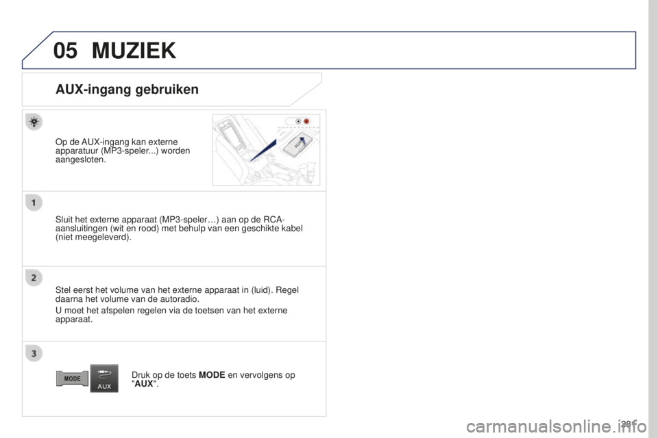 PEUGEOT 4008 2015  Instructieboekje (in Dutch) 05
281
4008_NL_CHAP10B_MITSU6_ED01-2016
MUZIEK
AUX-ingang gebruiken
Op de AUX-ingang kan externe 
apparatuur (MP3-speler...) worden 
aangesloten.
Sluit het externe apparaat (MP3-speler…) aan op de R
