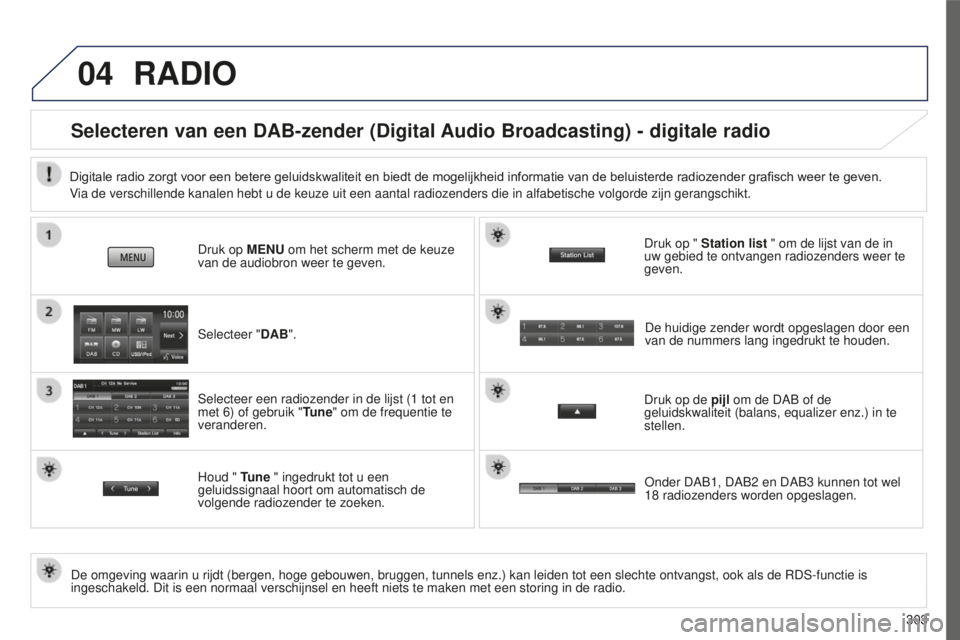 PEUGEOT 4008 2015 Instructieboekje (in Dutch) 04
303
4008_nl_Chap10c_Mitsu5_ed01-2016
RADIO
Selecteren van een DAB-zender (Digital Audio Broadcasting) - digitale radio
De omgeving waarin u rijdt (bergen, hoge gebouwen, bruggen, tunnels enz\
.) ka PEUGEOT 4008 2015 Instructieboekje (in Dutch) 04
303
4008_nl_Chap10c_Mitsu5_ed01-2016
RADIO
Selecteren van een DAB-zender (Digital Audio Broadcasting) - digitale radio
De omgeving waarin u rijdt (bergen, hoge gebouwen, bruggen, tunnels enz\
.) ka