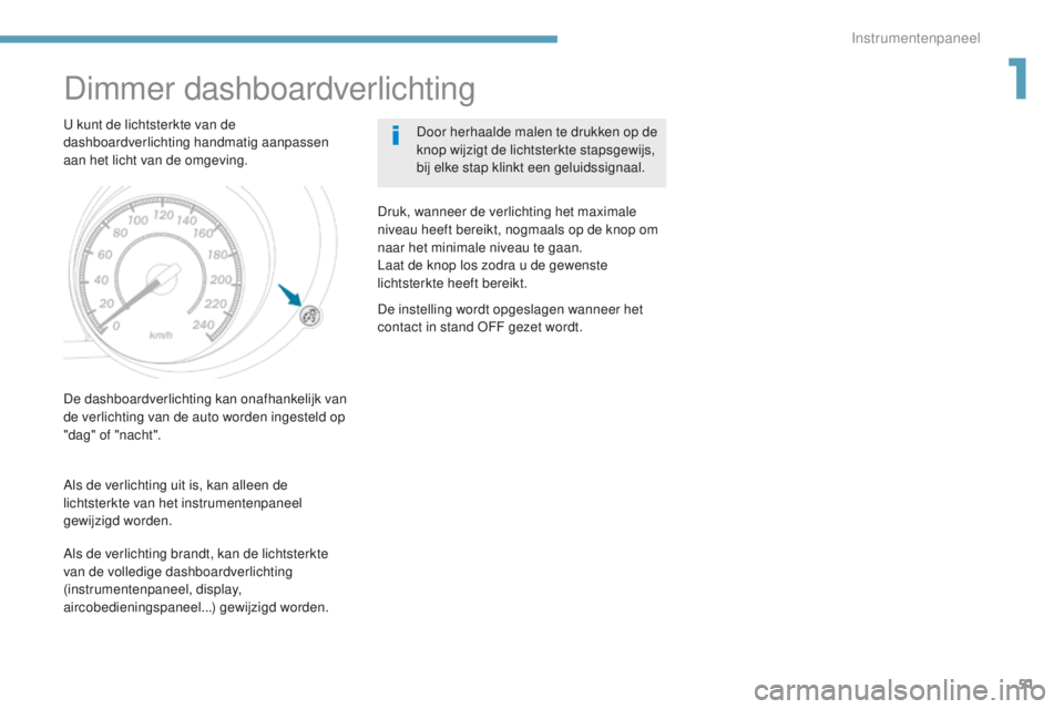 PEUGEOT 4008 2015  Instructieboekje (in Dutch) 51
4008_nl_Chap01_Instruments-de-bord_ed01-2016
Dimmer dashboardverlichting
U kunt de lichtsterkte van de 
dashboardverlichting handmatig aanpassen 
aan het licht van de omgeving.Door herhaalde malen 
