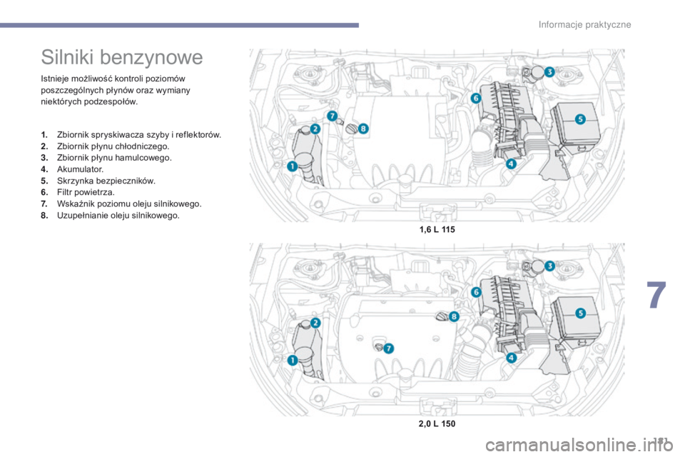 PEUGEOT 4008 2015  Instrukcja obsługi (in Polish) 181
4008_pl_Chap07_info-pratiques_ed01-2016
Istnieje możliwość kontroli poziomów 
poszczególnych płynów oraz wymiany 
niektórych podzespołów.
Silniki benzynowe
1. Zbiornik spryskiwacza szyby