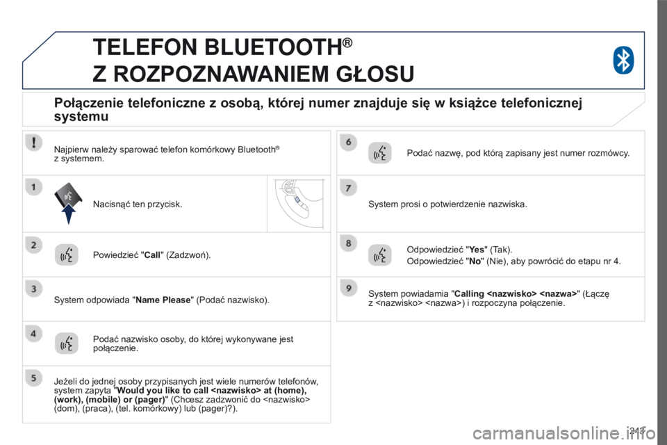 PEUGEOT 4008 2015  Instrukcja obsługi (in Polish) 243
4008_pl_Chap10a_Mitsu3_ed01-2016
teLeFoN BLuetootH®  
Z

 
ROZPOZNAWANIEM
 
GŁOSU
Powiedzieć " Call" (Zadzwoń).
System odpowiada " Name Please" (Podać nazwisko).
Połączenie 