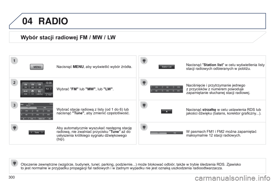 PEUGEOT 4008 2015  Instrukcja obsługi (in Polish) 04
300
Wybór stacji radiowej FM / MW / LW
Otoczenie zewnętrzne (wzgórze, budynek, tunel, parking, podziemie...) może blokować odbiór, także w   trybie śledzenia RDS. Zjawisko 
to jest normalne
