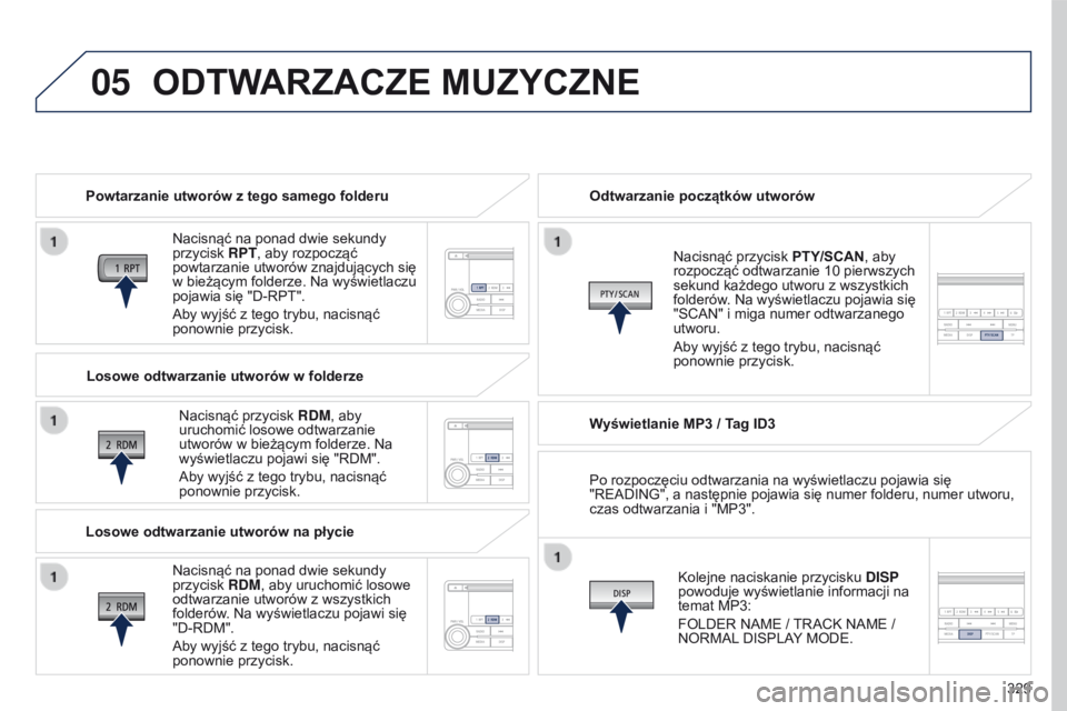 PEUGEOT 4008 2015 Instrukcja obsługi (in Polish) 05
329
4008_pl_Chap10d_Mitsu4_ed01-2016
ODTWARZACZE MUZYCZNE
Powtarzanie utworów z tego samego folderu
Nacisnąć na ponad dwie sekundy
przycisk
RP t , aby rozpocząć
powtarzanie utworów znajduj PEUGEOT 4008 2015 Instrukcja obsługi (in Polish) 05
329
4008_pl_Chap10d_Mitsu4_ed01-2016
ODTWARZACZE MUZYCZNE
Powtarzanie utworów z tego samego folderu
Nacisnąć na ponad dwie sekundy
przycisk
RP t , aby rozpocząć
powtarzanie utworów znajduj