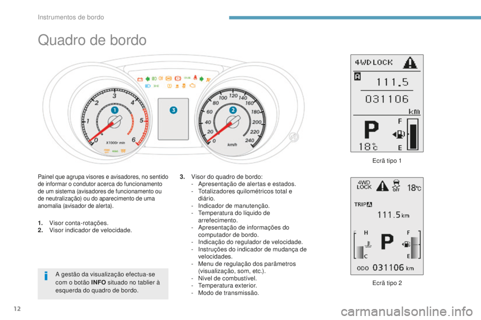 PEUGEOT 4008 2015  Manual de utilização (in Portuguese) 12
Quadro de bordo
1. Visor conta-rotações.
2. Visor indicador de velocidade.
Ecrã tipo 2
3.
 V

isor do quadro de bordo:
-  
A
 presentação de alertas e estados.
-  
T
 otalizadores quilométric