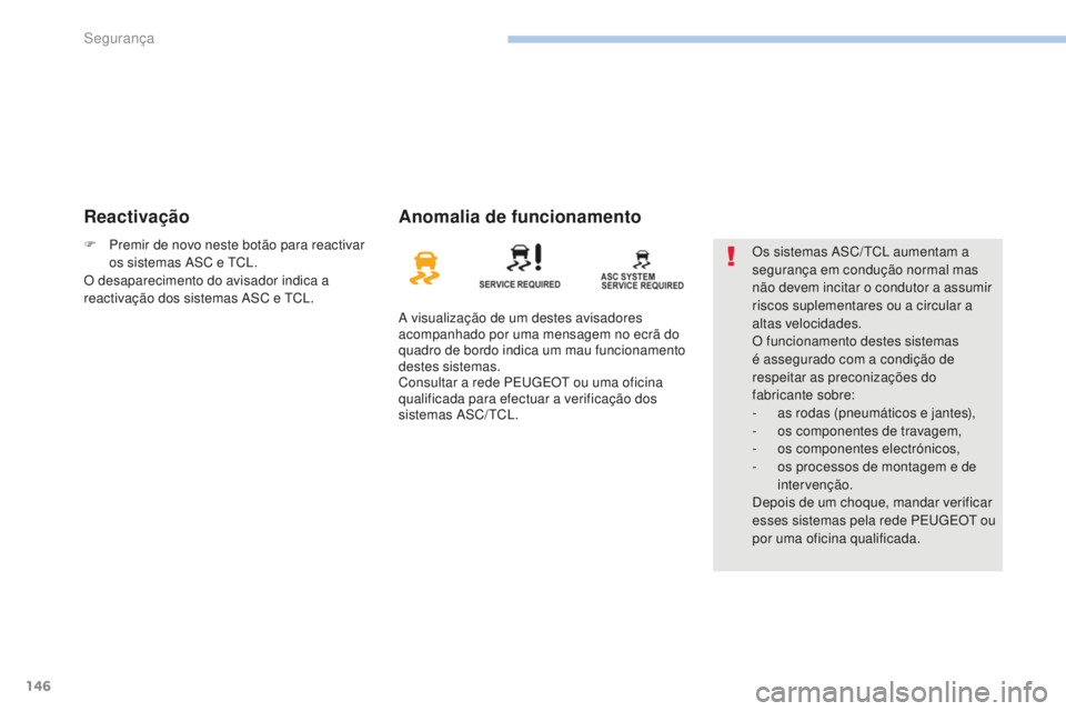 PEUGEOT 4008 2015  Manual de utilização (in Portuguese) 146
4008_pt_Chap06_securite_ed01-2016
ReactivaçãoAnomalia de funcionamento
A visualização de um destes avisadores 
acompanhado por uma mensagem no ecrã do 
quadro de bordo indica um mau funcionam
