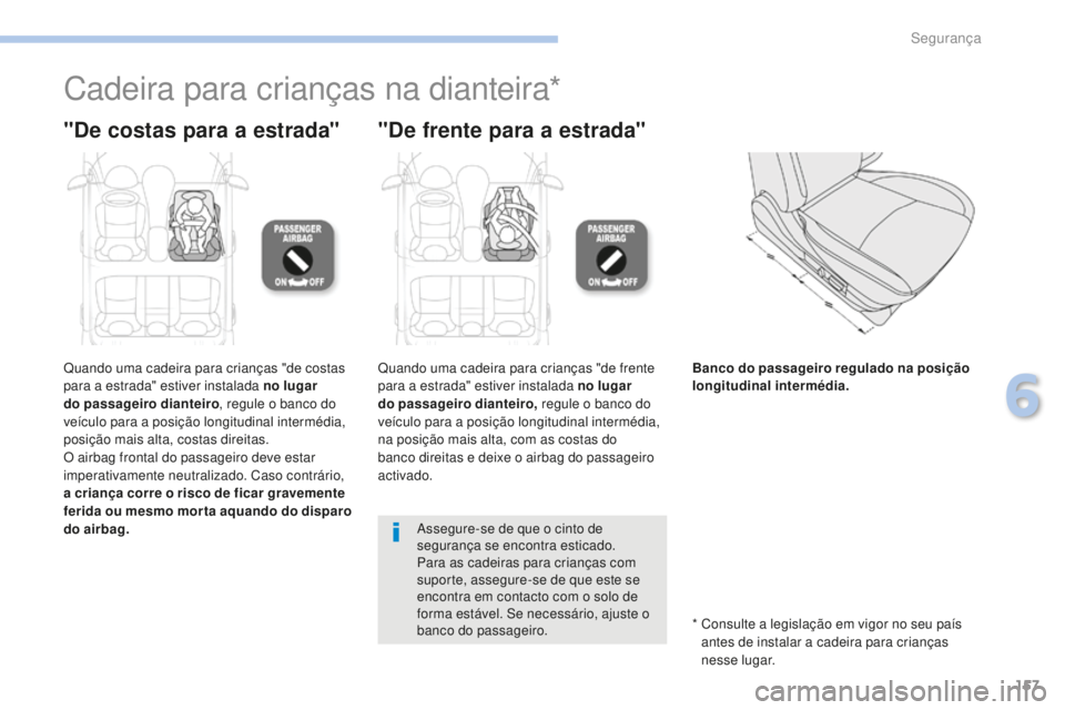 PEUGEOT 4008 2015  Manual de utilização (in Portuguese) 157
4008_pt_Chap06_securite_ed01-2016
Cadeira para crianças na dianteira*
"De costas para a estrada" "De frente para a estrada"
Quando uma cadeira para crianças "de costas 
para 