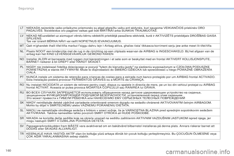 PEUGEOT 4008 2015  Manual de utilização (in Portuguese) 160
LTNIEK ADA neįrenkite vaiko prilaikymo priemonės su atgal atgręžtu vaiku ant sėdynės, kuri saugoma VEIKIANČIOS priekinės ORO 
PAGALVĖS. Išsiskleidus oro pagalvei vaikas gali būti MIRTIN