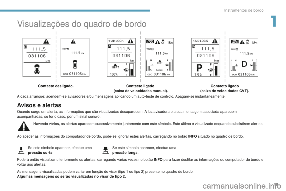 PEUGEOT 4008 2015  Manual de utilização (in Portuguese) 19
4008_pt_Chap01_Instruments-de-bord_ed01-2016
Visualizações do quadro de bordo
A cada arranque: acendem-se avisadores e/ou mensagens aplicando um auto-teste de controlo. Apagam-se instantaneamente