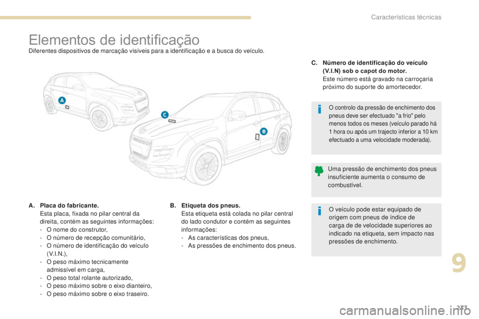 PEUGEOT 4008 2015  Manual de utilização (in Portuguese) 233
4008_pt_Chap09_caracteristiques-techniques_ed01-2016
Elementos de identificaçãoDiferentes dispositivos de marcação visíveis para a identificação e a busca do veículo.
A.
 P
laca do fabrica