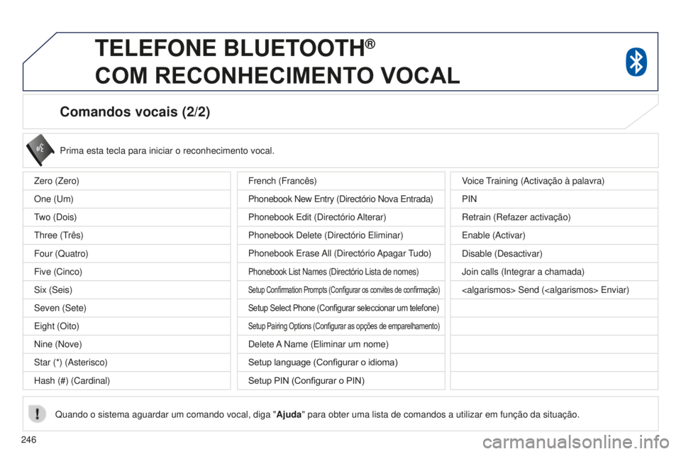 PEUGEOT 4008 2015 Manual de utilização (in Portuguese) 246
4008_pt_Chap10a_Mitsu3_ed01-2016
Comandos vocais (2/2)
Prima esta tecla para iniciar o reconhecimento vocal.
Quando o sistema aguardar um comando vocal, diga " Ajuda" para obter uma lista PEUGEOT 4008 2015 Manual de utilização (in Portuguese) 246
4008_pt_Chap10a_Mitsu3_ed01-2016
Comandos vocais (2/2)
Prima esta tecla para iniciar o reconhecimento vocal.
Quando o sistema aguardar um comando vocal, diga " Ajuda" para obter uma lista