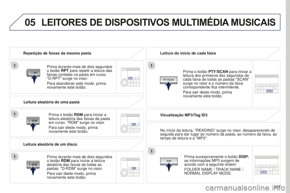 PEUGEOT 4008 2015  Manual de utilização (in Portuguese) 05
329
4008_pt_Chap10d_Mitsu4_ed01-2016
LEITORES DE DISPOSITIVOS MULTIMéDIA MUSICAIS
Repetição de faixas da mesma pasta
Prima durante mais de dois segundos 
o botão RPT para repetir a leitura das 