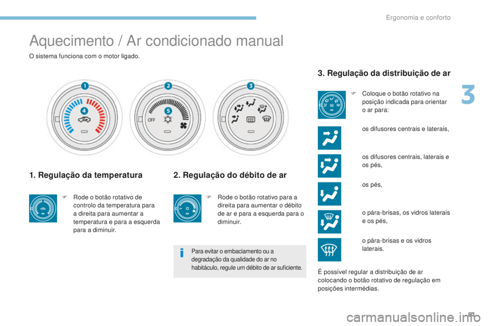 PEUGEOT 4008 2015  Manual de utilização (in Portuguese) 81
4008_pt_Chap03_Ergonomie-et-confort_ed01-2016
Aquecimento / Ar condicionado manual
O sistema funciona com o motor ligado.
1. Regulação da temperatura
F Rode o botão rotativo de controlo da tempe