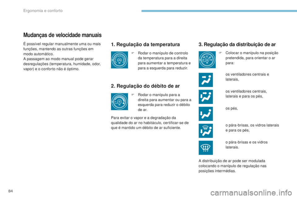 PEUGEOT 4008 2015  Manual de utilização (in Portuguese) 84
4008_pt_Chap03_Ergonomie-et-confort_ed01-2016
Mudanças de velocidade manuais
1. Regulação da temperatura
2. Regulação do débito de ar
 os ventiladores centrais, laterais e para os pés,
F
 
R