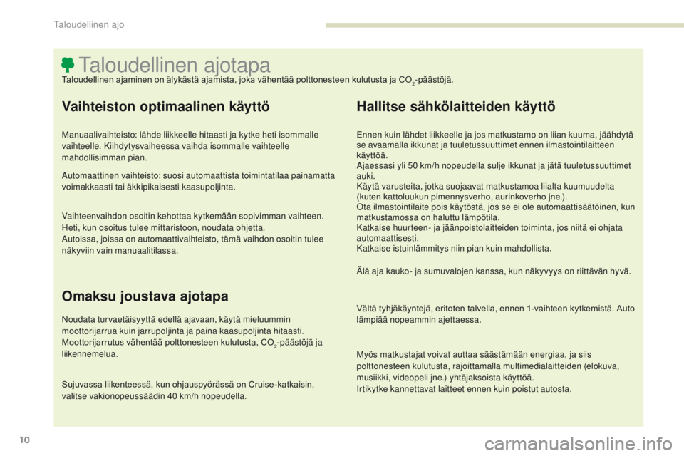 PEUGEOT 4008 2015 Omistajan Käsikirja (in Finnish) 10
4008_fi_Chap00c_eco-conduite_ed01-2016
Taloudellinen ajotapaTaloudellinen ajaminen on älykästä ajamista, joka vähentää polttonesteen kulutusta ja CO2-päästöjä.
Vaihteiston optimaalinen k PEUGEOT 4008 2015 Omistajan Käsikirja (in Finnish) 10
4008_fi_Chap00c_eco-conduite_ed01-2016
Taloudellinen ajotapaTaloudellinen ajaminen on älykästä ajamista, joka vähentää polttonesteen kulutusta ja CO2-päästöjä.
Vaihteiston optimaalinen k