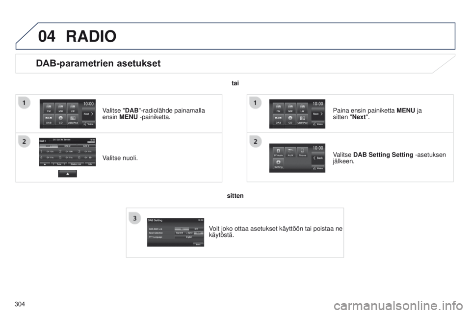 PEUGEOT 4008 2015  Omistajan Käsikirja (in Finnish) 04
304
DAB-parametrien asetukset
Valitse nuoli. Valitse "DAB"-radiolähde painamalla 
ensin MENU -painiketta.Valitse DAB Setting Setting -asetuksen 
jälkeen. Paina ensin painiketta MENU ja 
s