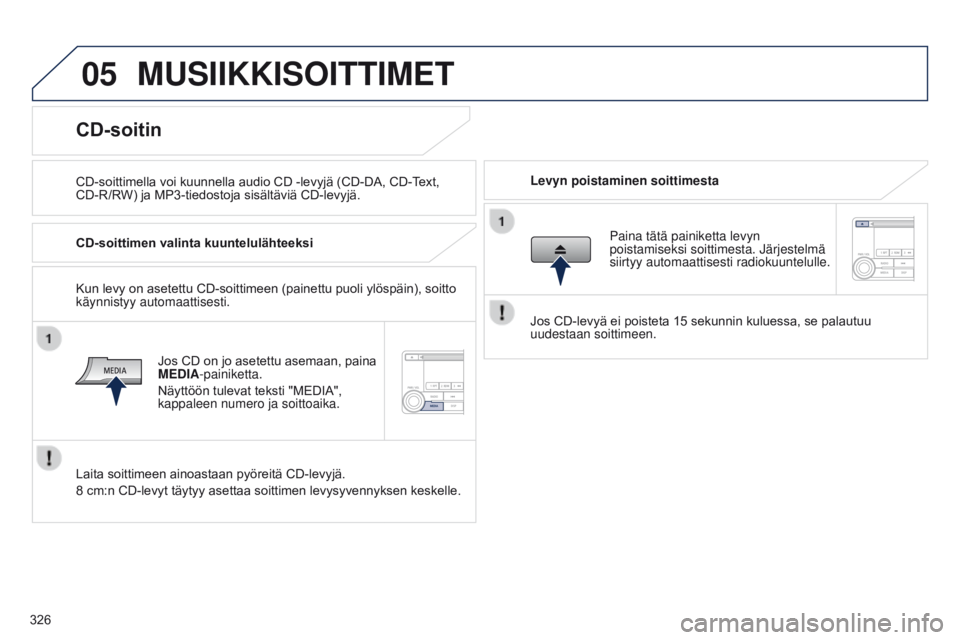 PEUGEOT 4008 2015  Omistajan Käsikirja (in Finnish) 05
326
4008_fi_Chap10d_Mitsu4_ed01-2016
MUSIIKKISOITTIMET
CD-soittimella	voi	kuunnella	audio	CD	-levyjä	(CD-DA,	CD-Text,	CD-R/RW) 	 ja 	 MP3-tiedostoja 	 sisältäviä 	 CD-levyjä. Levyn poistaminen