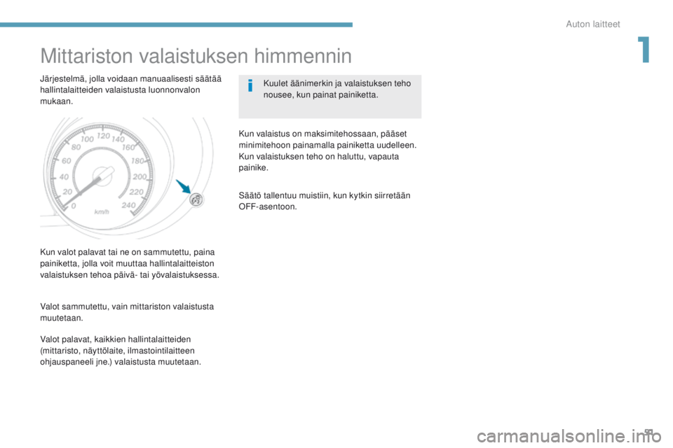 PEUGEOT 4008 2015  Omistajan Käsikirja (in Finnish) 51
4008_fi_Chap01_Instruments-de-bord_ed01-2016
Mittariston valaistuksen himmennin
Järjestelmä, jolla voidaan manuaalisesti säätää 
hallintalaitteiden valaistusta luonnonvalon 
mukaan.Kuulet ä