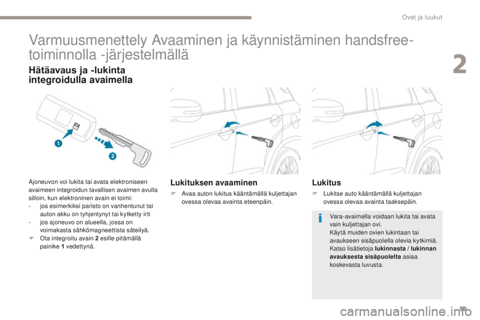 PEUGEOT 4008 2015  Omistajan Käsikirja (in Finnish) 59
4008_fi_Chap02_ouvertures_ed01-2016
Varmuusmenettely Avaaminen ja käynnistäminen handsfree-
toiminnolla -järjestelmällä
Lukituksen avaaminen
F Avaa auton lukitus kääntämällä kuljettajan o