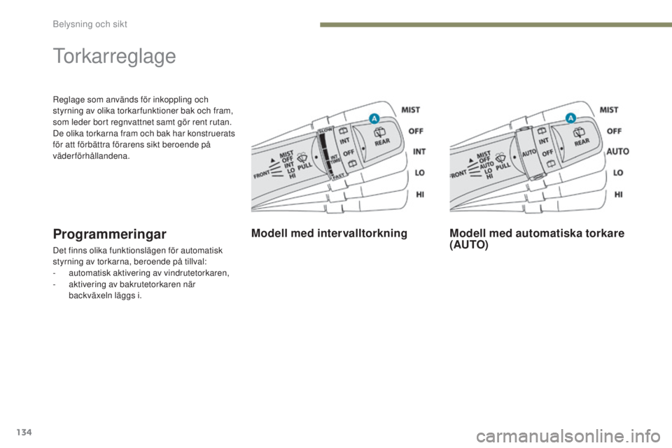 PEUGEOT 4008 2015  Bruksanvisningar (in Swedish) 134
4008_sv_Chap05_Eclairage-et-visibilite_ed01-2016
Reglage som används för inkoppling och 
styrning av olika torkar funktioner bak och fram, 
som leder bort regnvattnet samt gör rent rutan.
De ol