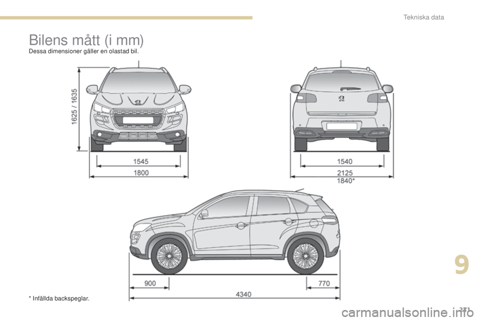 PEUGEOT 4008 2015  Bruksanvisningar (in Swedish) 231
4008_sv_Chap09_caracteristiques-techniques_ed01-2016
Bilens mått (i mm)Dessa dimensioner gäller en olastad bil.
* Infällda backspeglar.
9 
Tekniska data  