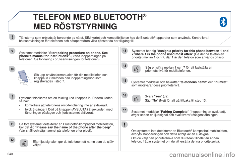 PEUGEOT 4008 2015 Bruksanvisningar (in Swedish) 240
4008_sv_Chap10a_Mitsu3_ed01-2016
slå upp användarmanualen för din mobiltelefon och
knappa in i telefonen den ihopparningskod som
registrerades i steg 7.
TELEFON MED BLUETOOTH®
MED
RÖST PEUGEOT 4008 2015 Bruksanvisningar (in Swedish) 240
4008_sv_Chap10a_Mitsu3_ed01-2016
slå upp användarmanualen för din mobiltelefon och
knappa in i telefonen den ihopparningskod som
registrerades i steg 7.
TELEFON MED BLUETOOTH®
MED
RÖST