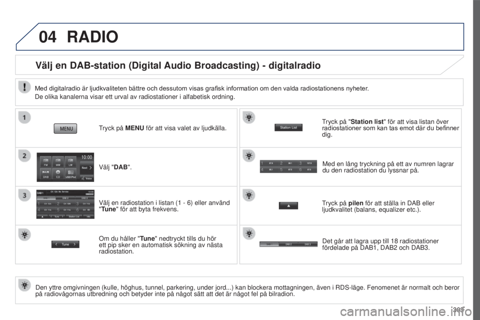 PEUGEOT 4008 2015 Bruksanvisningar (in Swedish) 04
303
4008_sv_Chap10c_Mitsu5_ed01-2016
RADIO
Välj en DAB-station (Digital Audio Broadcasting) - digitalradio
Den yttre omgivningen (kulle, höghus, tunnel, parkering, under jord.\
..) kan blockera m PEUGEOT 4008 2015 Bruksanvisningar (in Swedish) 04
303
4008_sv_Chap10c_Mitsu5_ed01-2016
RADIO
Välj en DAB-station (Digital Audio Broadcasting) - digitalradio
Den yttre omgivningen (kulle, höghus, tunnel, parkering, under jord.\
..) kan blockera m