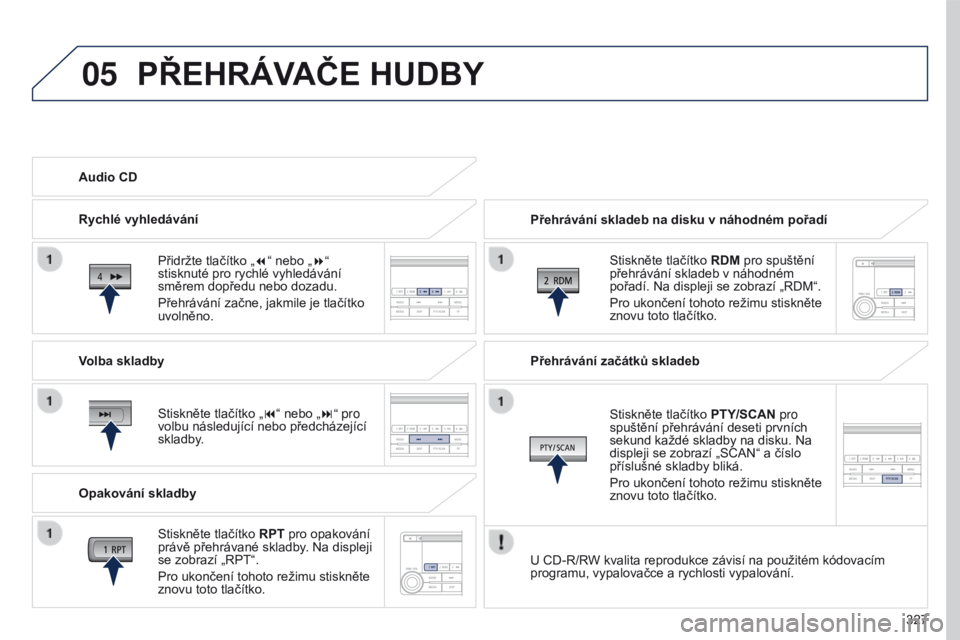PEUGEOT 4008 2015 Návod na použití (in Czech) 05
327
4008_cs_Chap10d_Mitsu4_ed01-2016
PŘEHRÁVAČE HUDBY
Přehrávání skladeb na disku v náhodném pořadíStiskněte tlačítko RDM pro spuštění
přehrávání skladeb v náhodném
pořad PEUGEOT 4008 2015 Návod na použití (in Czech) 05
327
4008_cs_Chap10d_Mitsu4_ed01-2016
PŘEHRÁVAČE HUDBY
Přehrávání skladeb na disku v náhodném pořadíStiskněte tlačítko RDM pro spuštění
přehrávání skladeb v náhodném
pořad