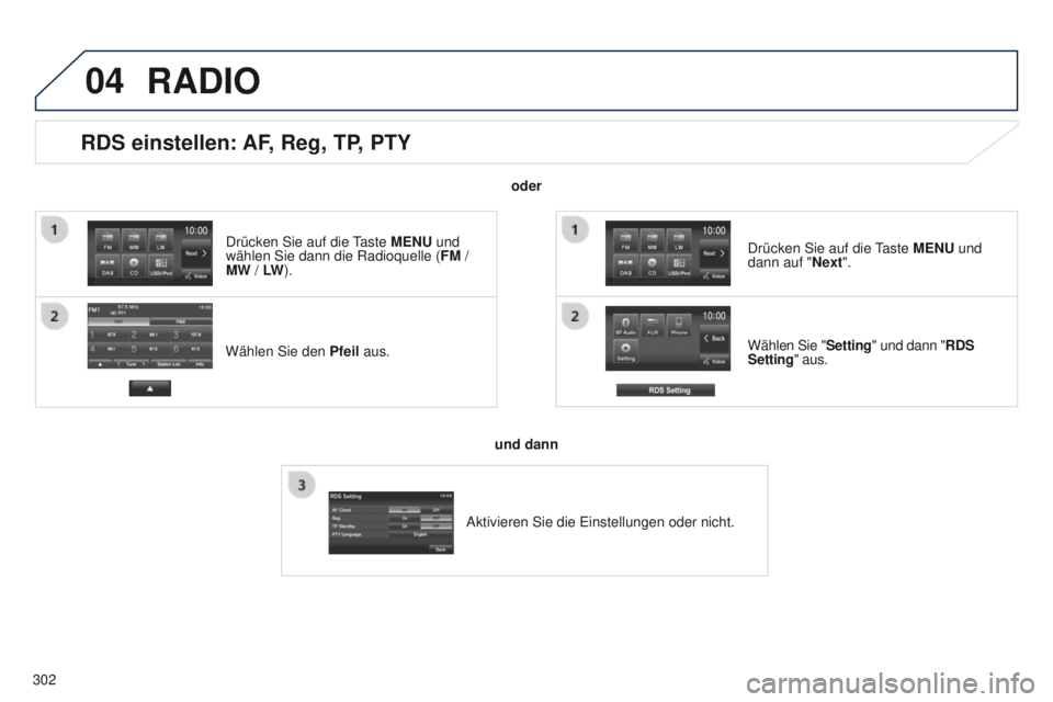 PEUGEOT 4008 2017  Betriebsanleitungen (in German) 04
302
RDS einstellen: AF, Reg, TP, PTY
Wählen Sie den Pfeil aus. Wählen Sie "Setting" und dann "RDS 
Setting" aus. Drücken Sie auf die 
taste 
 MENU und 
dann auf "Next".
R