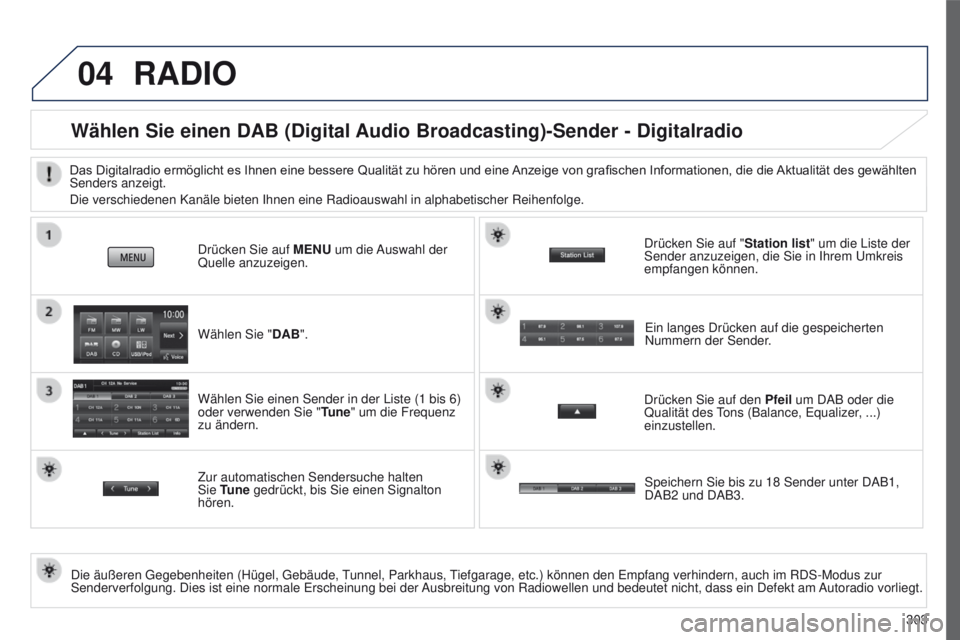 PEUGEOT 4008 2017 Betriebsanleitungen (in German) 04
303
4008_de_Chap10c_Mitsu5_ed01-2016
RADIO
Wählen Sie einen DAB (Digital Audio Broadcasting)-Sender - Digitalradio
Die äußeren gegebenheiten (Hügel, gebäude, tunnel, Parkhaus, tiefgarage, etc. PEUGEOT 4008 2017 Betriebsanleitungen (in German) 04
303
4008_de_Chap10c_Mitsu5_ed01-2016
RADIO
Wählen Sie einen DAB (Digital Audio Broadcasting)-Sender - Digitalradio
Die äußeren gegebenheiten (Hügel, gebäude, tunnel, Parkhaus, tiefgarage, etc.