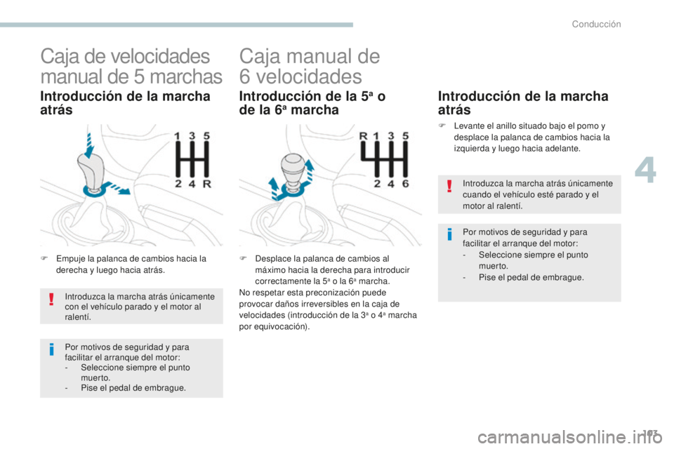PEUGEOT 4008 2017  Manual del propietario (in Spanish) 103
4008_es_Chap04_conduite_ed01-2016
Caja de velocidades 
manual de 5
 m
archas
F Empuje la palanca de cambios hacia la 
derecha y luego hacia atrás.
Introducción de la marcha 
atrás
Caja manual d