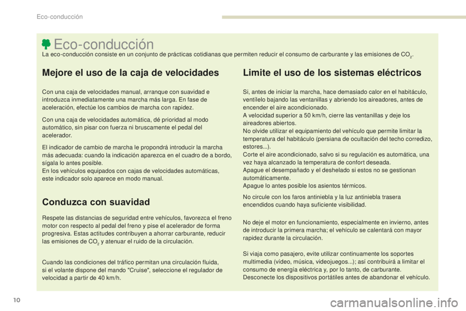 PEUGEOT 4008 2017 Manual del propietario (in Spanish) 10
4008_es_Chap00c_eco-conduite_ed01-2016
Eco-conducciónLa eco-conducción consiste en un conjunto de prácticas cotidianas que permiten reducir el consumo de carburante y las emisiones de CO2.
Mejor PEUGEOT 4008 2017 Manual del propietario (in Spanish) 10
4008_es_Chap00c_eco-conduite_ed01-2016
Eco-conducciónLa eco-conducción consiste en un conjunto de prácticas cotidianas que permiten reducir el consumo de carburante y las emisiones de CO2.
Mejor